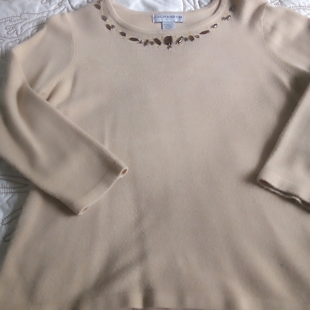 Sag Harbor Cream Jewel-Trim Crewneck Sweater